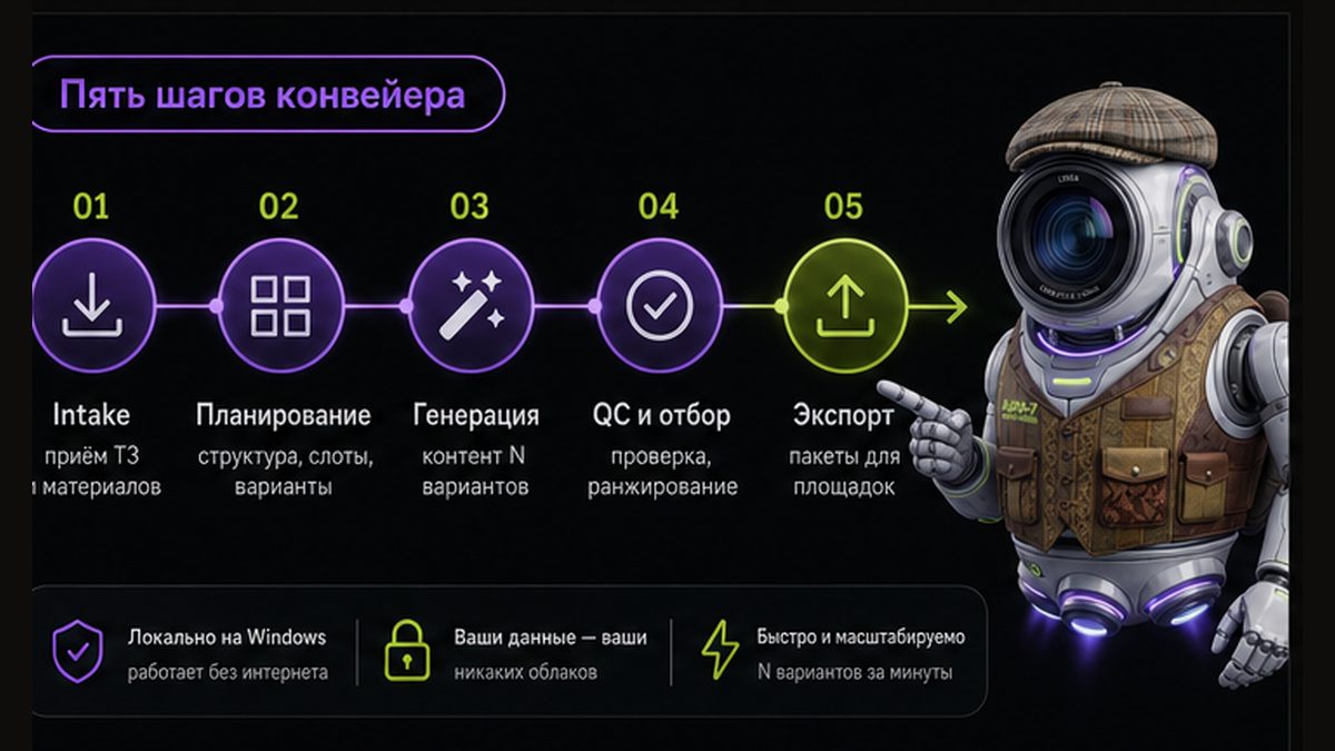 Иллюстрация: пакетный workflow контент-фермы — пять шагов от intake до публикации