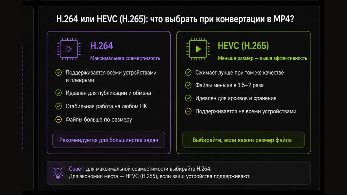 Иллюстрация: H.264 vs HEVC внутри MP4: совместимость и перекодирование
