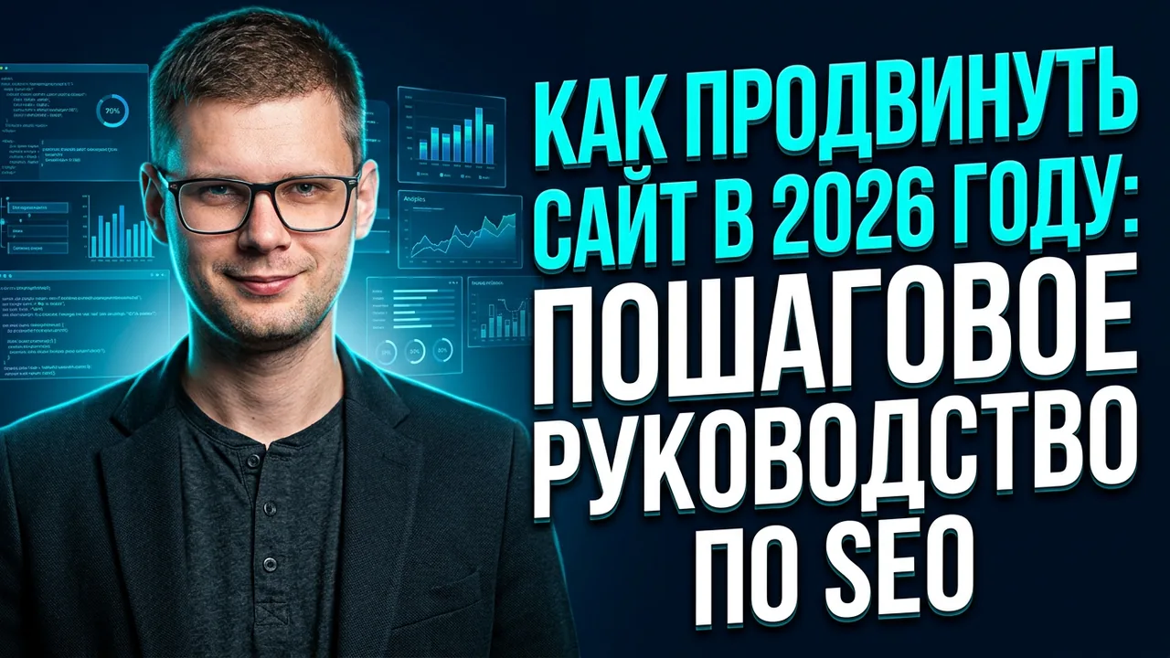 Обложка статьи: Как продвинуть сайт в 2026 году: пошаговое руководство по SEO- ... — специалист анализирует данные на экранах