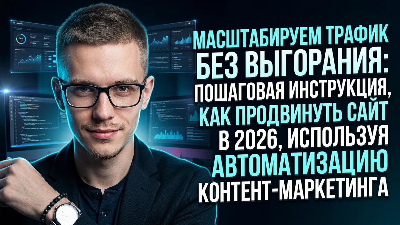 Обложка статьи: Масштабируем трафик без выгорания: пошаговая инструкция, как продвинуть сайт в 2026, используя автоматизацию 