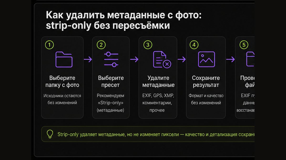 Иллюстрация: Как удалить метаданные с фото: strip-only без пересъёмки