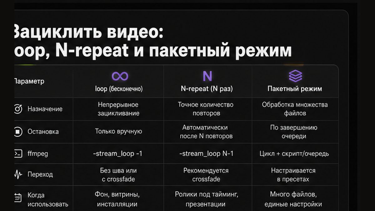 Иллюстрация: Зациклить видео: loop, N-repeat и пакетный режим